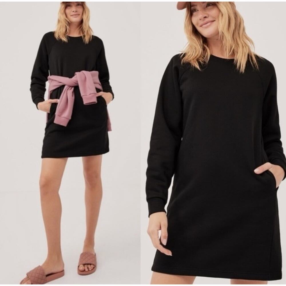 Pact Black Fleece Lined Sweater Dress Organic Cotton Pockets Size Small